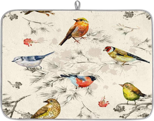 Hexteria Vintage Birds Dish Drying Mat for Kitchen Counter, Absorbent Reversible Microfiber Dish Drying Pad Kitchen Drying Mat for Home Decor, 16 x 18 inch