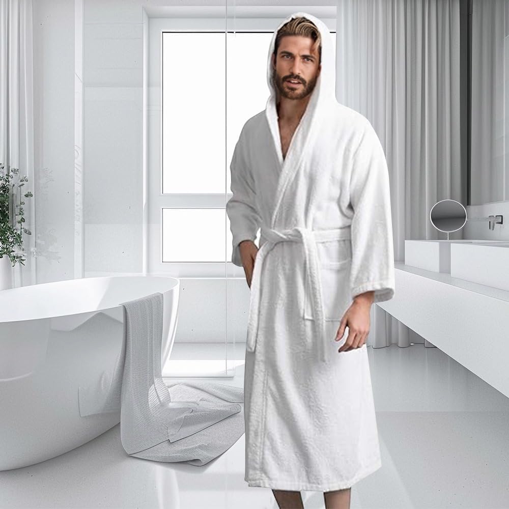 Men’s Hooded Bathrobe, 100% Cotton Terry Bathrobe, Spa Style Bath Robe, Absorbent Shower Robe, Lightweight Towel Bathrobes