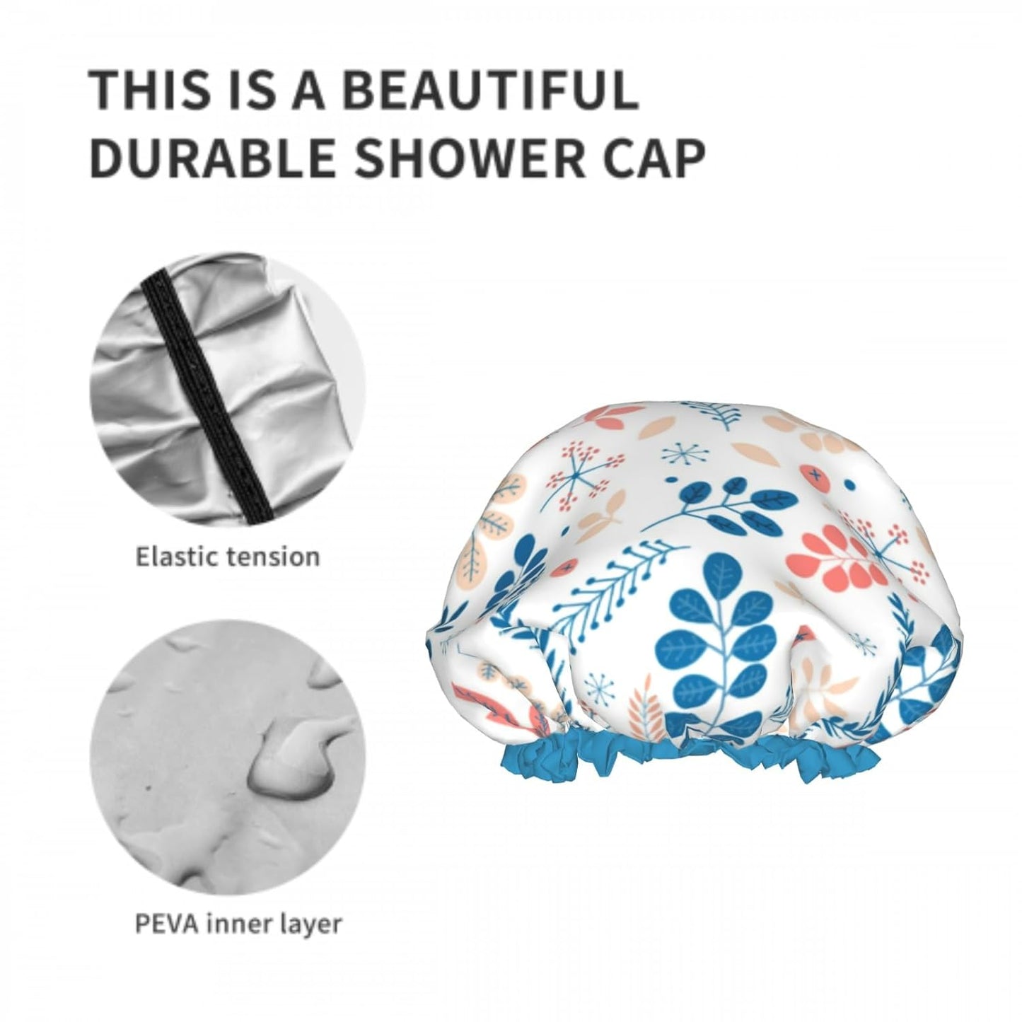 Cute Colorful Leaves Double Layer Waterproof Shower Cap for Women Reusable Bath Cap for All Long Hair Lengths Soft Bath Shower Hat