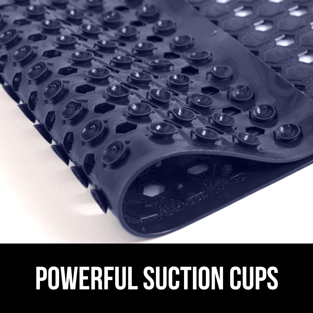 GORILLA GRIP Patented Bath Tub Shower Mat, Machine Washable Bathtub Floor Liner Mats, Suction Cups and Drain Holes to Keep Tubs Clean, Soft on Feet, Bathroom Essentials, 35x16 Inch, Navy Opaque