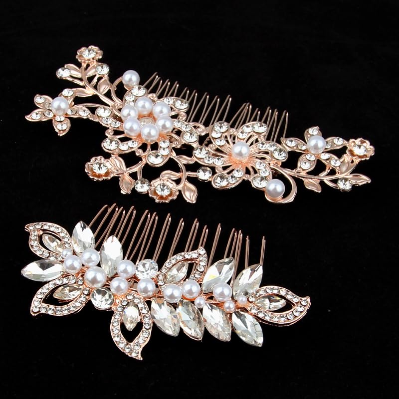 2pcs rose gold wedding hair comb set, crystal pearl floral design, bride hair accessories for ladies