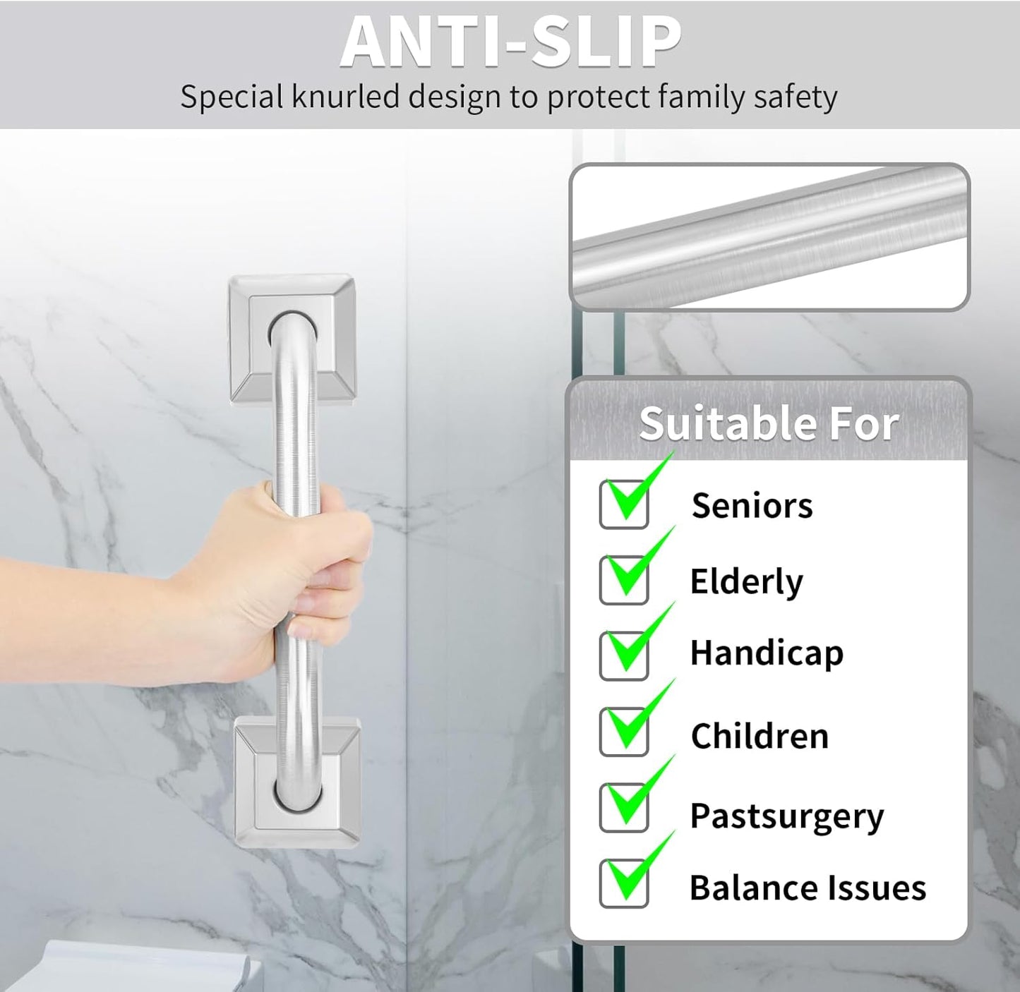 9 Inch Bathroom Grab Bar, Anti Slip Square Shower Bars Safety, 304 Stainless Steel Shower Handles,Hand Rails for for Children, Senior, Elderly, Handicap