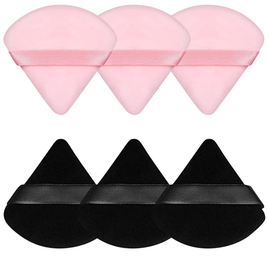 Pimoys 6 Pieces Powder Puff Face Makeup Sponge Soft Velour Triangle Powder Puffs Beauty Sponge Stocking Stuffers for Loose Powder (Black, Pink)