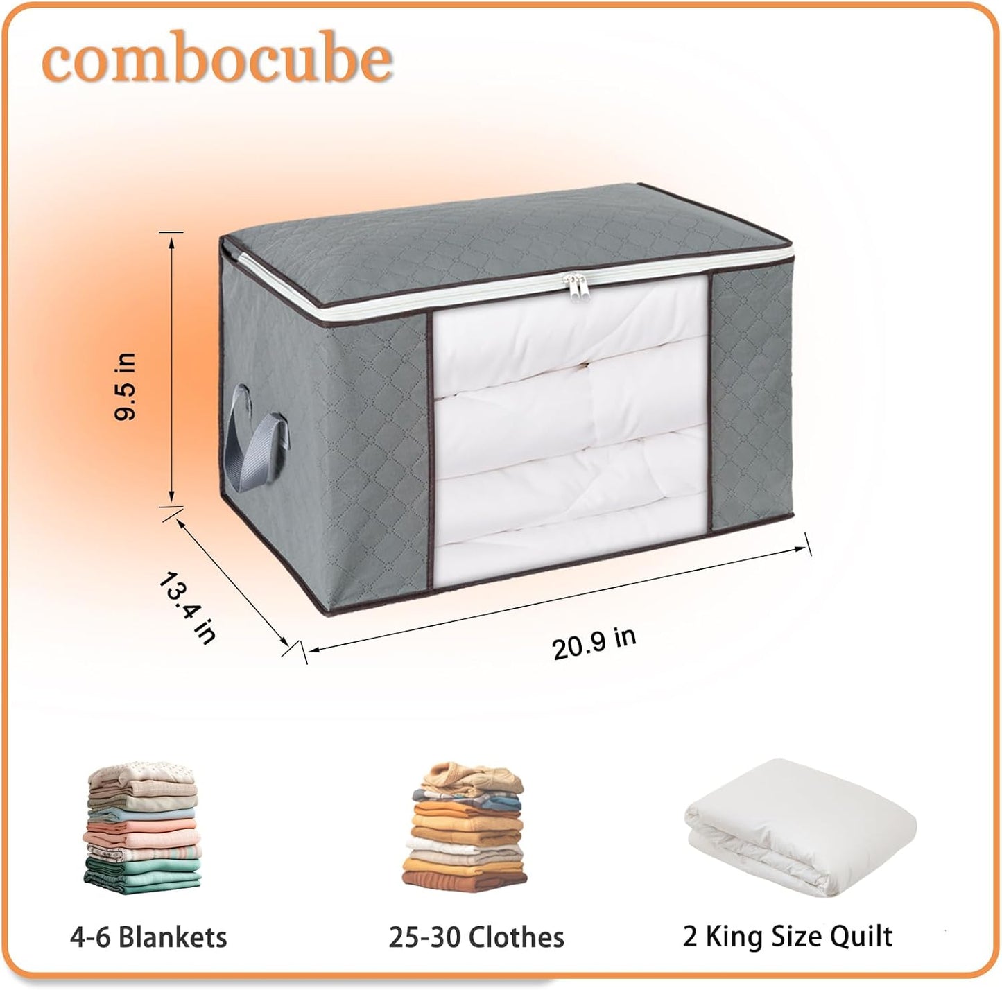 combocube 3 Pack Closet Organizers and Storage Containers, Clothes Storage Bins, Storage Bags with Large Clear Window & Handles for King Comforter, Pillow, Quilt, Bedding, Clothes