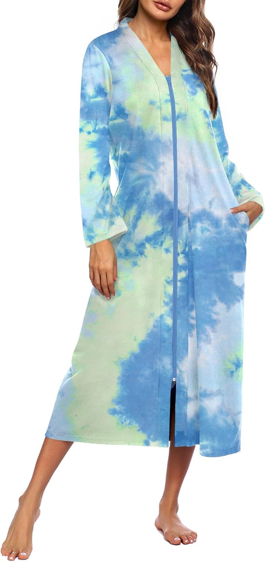 Ekouaer Women Zipper Robe Long Sleeve Loungewear Lightweight Housecoat Full Length Nightgown with Pockets