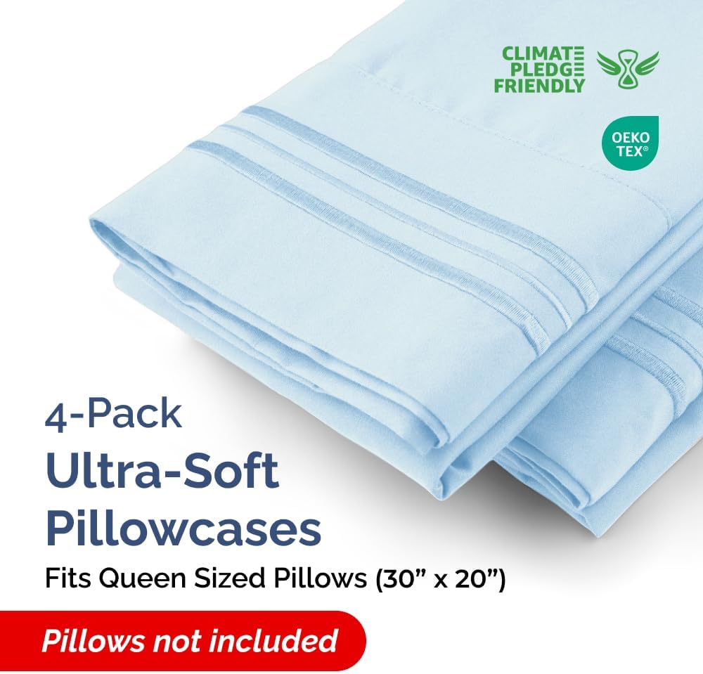 CGK Unlimited Queen Size Microfiber Pillowcase Set of 4 - Soft, Premium Quality, Machine Washable, Protective, Sky Blue