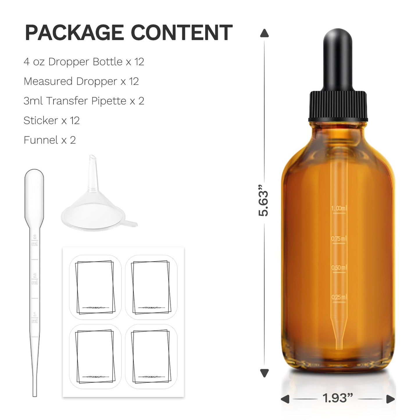 Bumobum Dropper Bottle 4 oz, 12 pack Amber Glass Eye Dropper Bottles for Essential Oils with Labels and Funnel, 120 ml Tincture Bottle with Plastic Measured Dropper