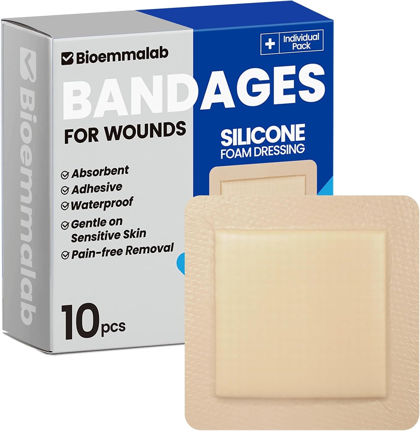 Large Waterproof Bandages 6x6 Silicone Foam Dressing for Sensitive Skin Wound Care, Adhesive Cohesive Pad with Border for First Aid, Post Surgical and Burn, Pressure, Scar Healing (10 PCS)
