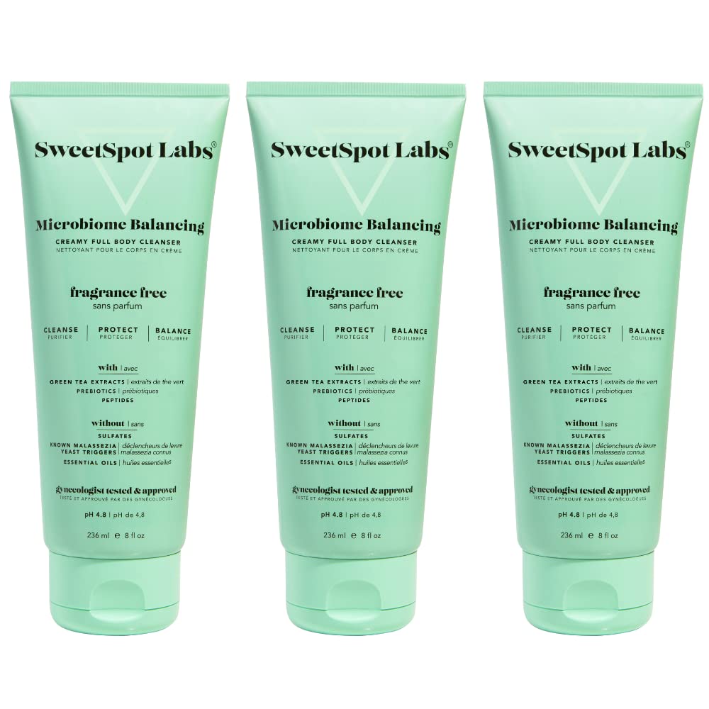 SweetSpot Labs Microbiome Balancing Feminine Wash, Clean, Gynecologist Tested & Approved, pH Balanced Body Wash, Unscented & Sulfate Free, 8 oz (Pack of 3)