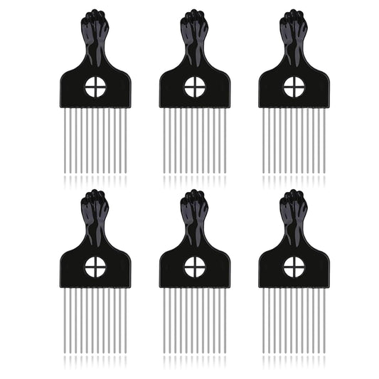 6Pcs Afro Picks Metal Hair Combs, Steel Teeth Hair Pick for Curly, Coily, Natural Hair, Detangling, Styling Comb for Men Women (Black)
