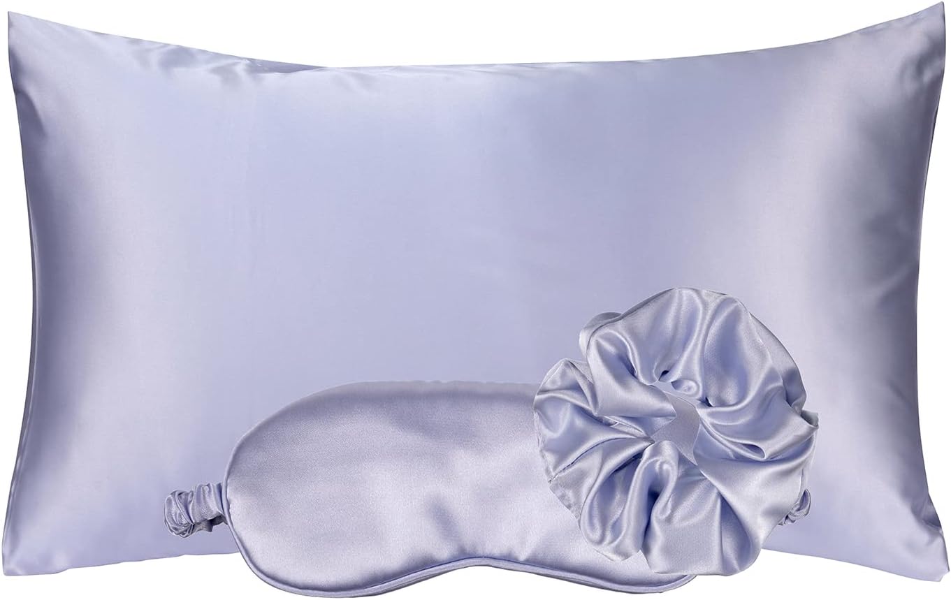 Vegan Silk Sleep Set, Vegan Silk Pillowcase with Large Scrunchie and Eye Mask for Hair and Skin, Self Care Essential Satin Night Routine Kit (Purple Color)