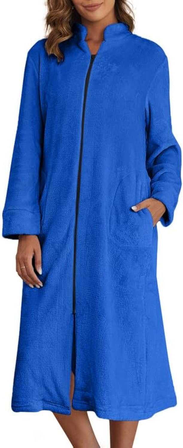 Ekouaer Women's Zip Up Robe Fleece Bathrobe Long Zipper Lounger Warm Housecoat Long Sleeve Nightgown with Pockets S-XXL