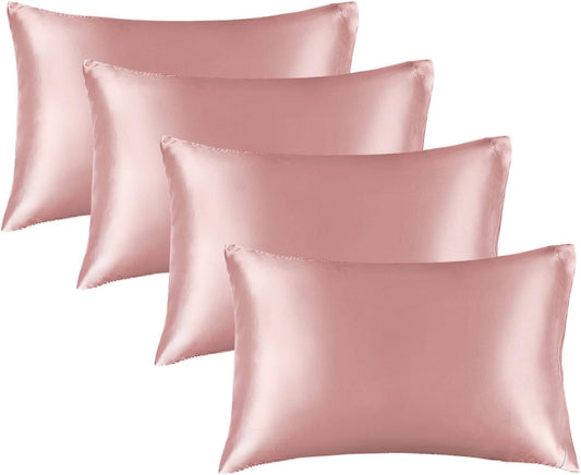 BEDELITE Satin Pillowcase for Hair and Skin, Super Soft Similar to Silk Pillow Cases 4 Pack with Envelope Closure, Cooling Pillowcases for Women Men (20"x26" Standard Size, Rose Pink)