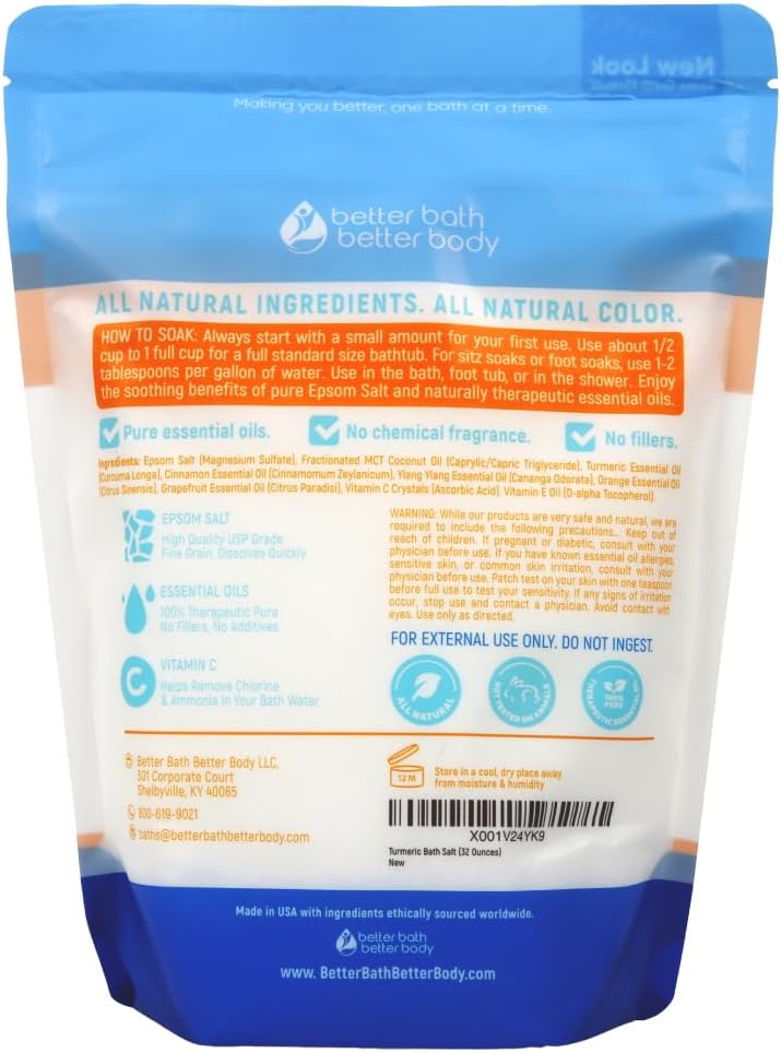 Turmeric Bath Salt 32 Oz Epsom Salt with Essential Oils Turmeric, Cinnamon, Orange Plus Vitamin C in BPA-Free Pouch with Easy Press-Lock Zipper | Natural Bath Soak to Relieve & Soothe | Made in USA
