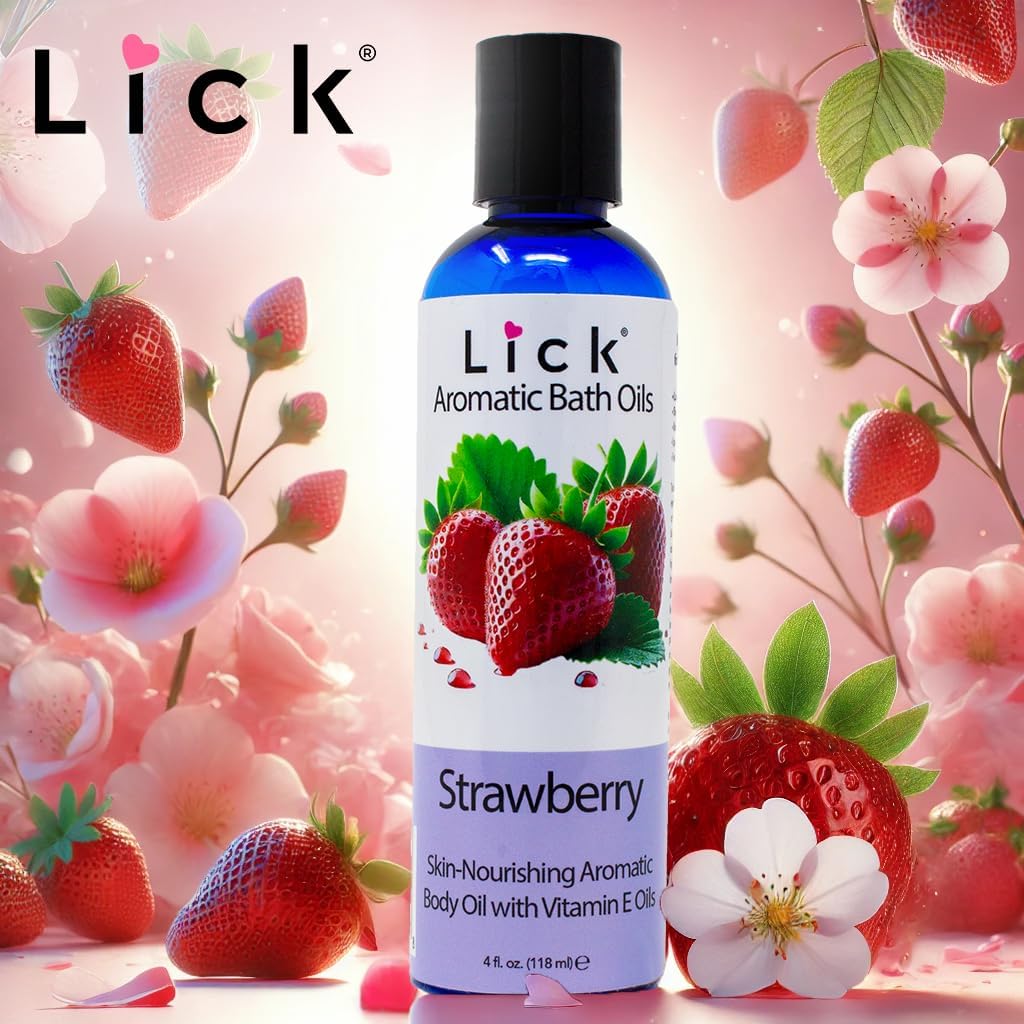 Lick Strawberry Aromatic Bath Oil - Natural Sweet Almond, Vitamin E & Jojoba Oils for Luxurious Experience for Women. Moisturizes Dry Skin, 12 Enchanting Aromas, Paraben Free, Made in USA 4 fl oz