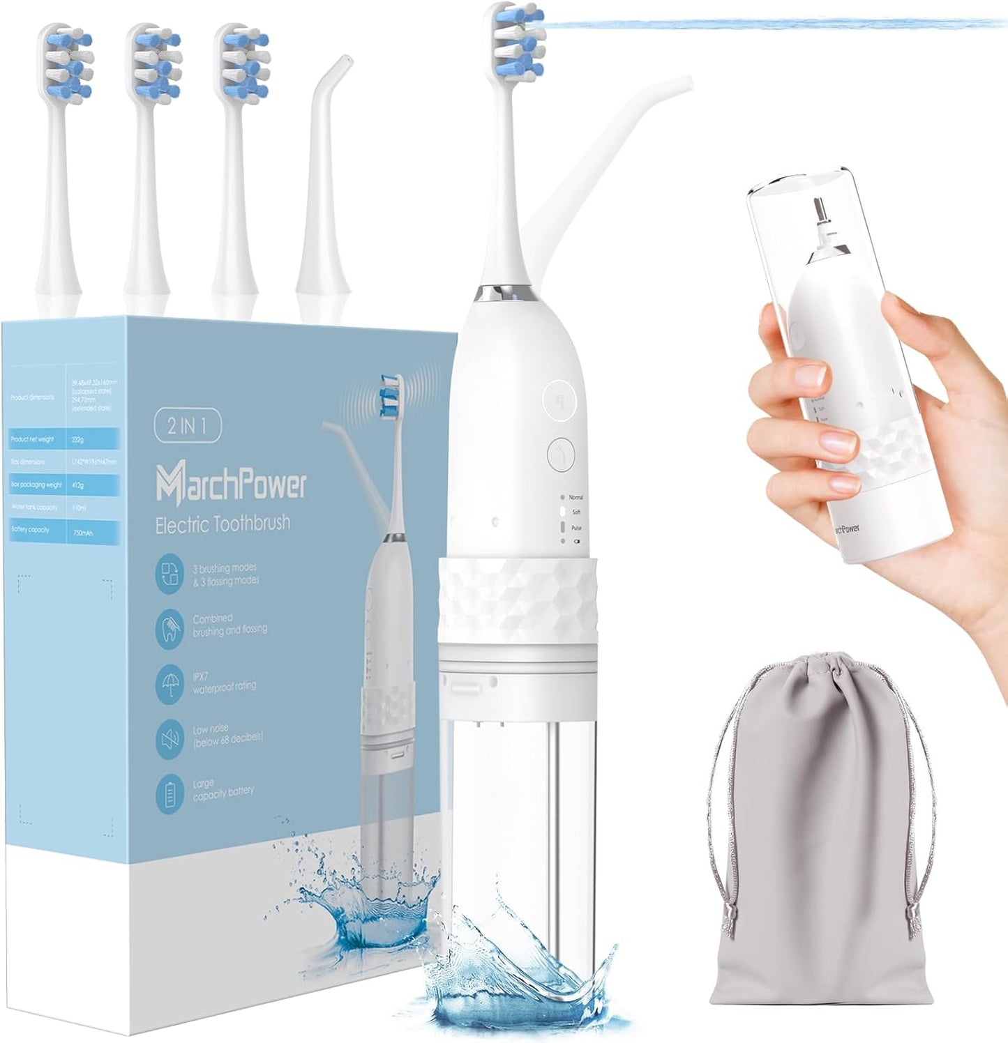 Marchpower Innovative 2-in-1 Electric Toothbrush with Water Flosser – Ultrasonic Cleaning, Compact Travel Design, 3+3 Modes, IPX7 Waterproof, USB-C Rechargeable, with 3 Dupont Brush Heads & 1 Jet Tip