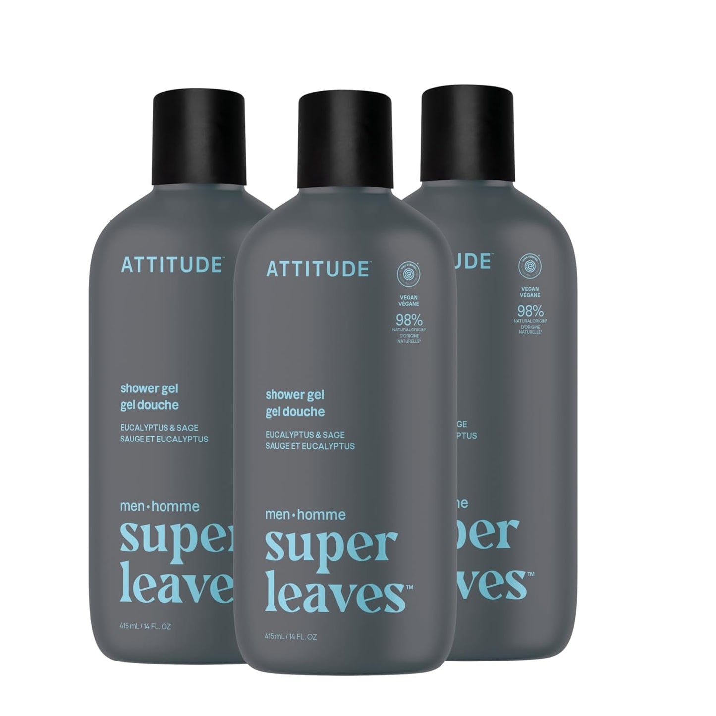 ATTITUDE Shower Gel Body Wash for Men, 98% Natural Origin Ingredients, Paraben & Phthalate Free, EWG Verified, Cleanses Without Drying, Eucalyptus & Sage, 14 Fl Oz (Pack of 3)