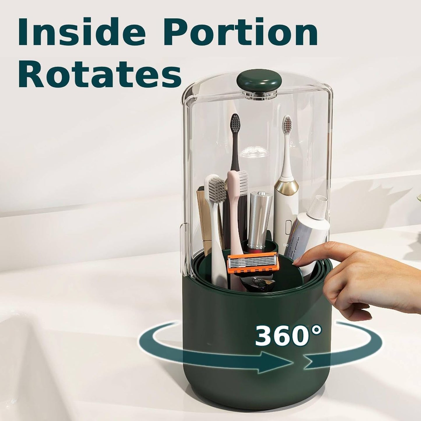 Toothbrush Holder with Cover 360 Rotating 4 Compartments Bathroom Toothpaste Electric Toothbrush Organizer, Dark Green