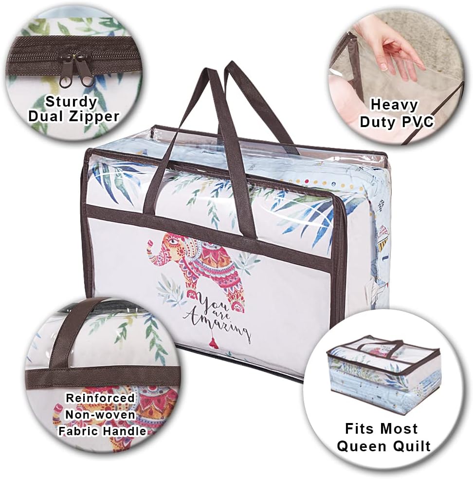 Clear Zippered Storage Bags (3-Pack) Closet Organizer Vinyl Bag for Bedding, Linen, Blankets, Duvet Covers, Comforters, Clothes, Toys | Multi Purpose & Space Saver PVC Organizers, 55 L, Brown