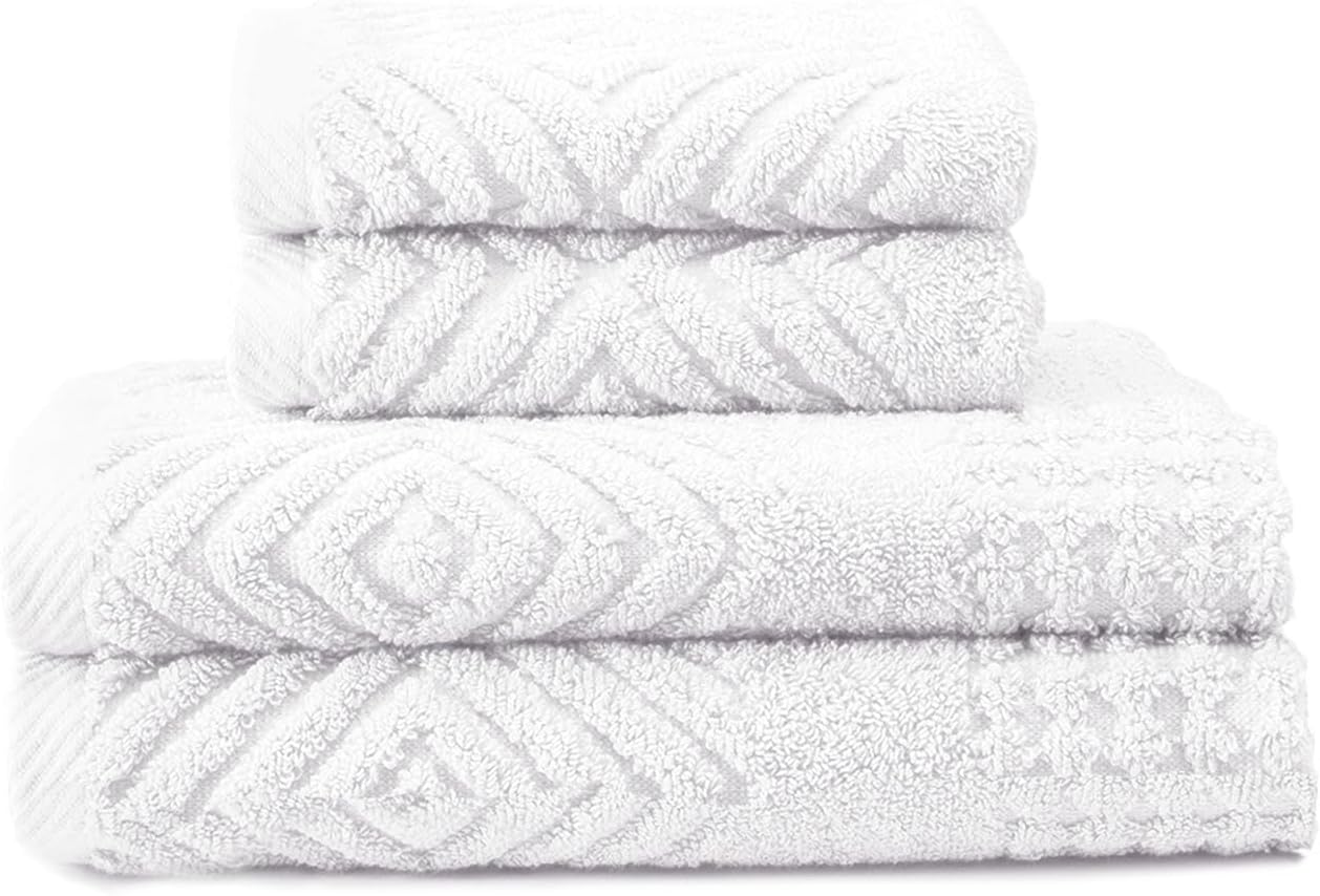 Texere 100% Organic Cotton Diamond Jacquard 700 GSM Luxury Bath Towel Sets - Ultra Soft and Absorbent Hotel and Spa Quality (Diamond, Bright White, 2 Hand & 2 Wash Towels)