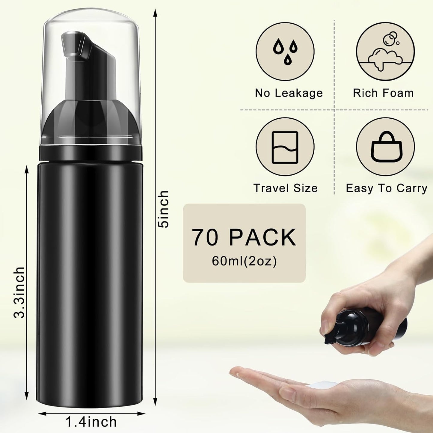 70 Pcs 2 oz Plastic Foam Soap Dispensers Refillable Lash Shampoo Bottles with Pump Mini Eyelash Cleaning Foam Bottle Dispenser for Refillable Travel Cosmetics (Black)