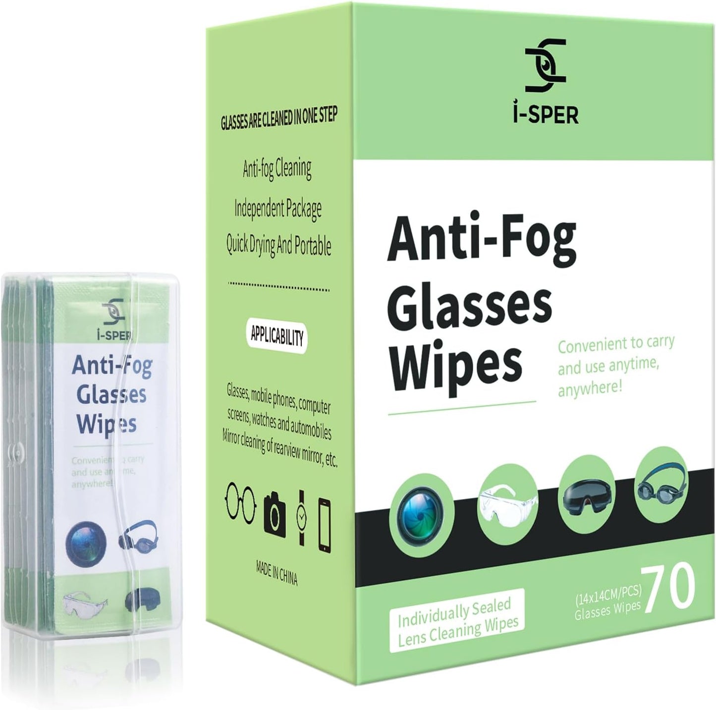 70 Count Anti Fog Lens Wipes for Eyeglasses, Pre-Moistened Individual Wrapped Glasses Wipes Lens Cleaner, with a Carrying Box, Defogging Screen Wipes for Eyeglasses, Sunglass, Goggles, Camera Lens