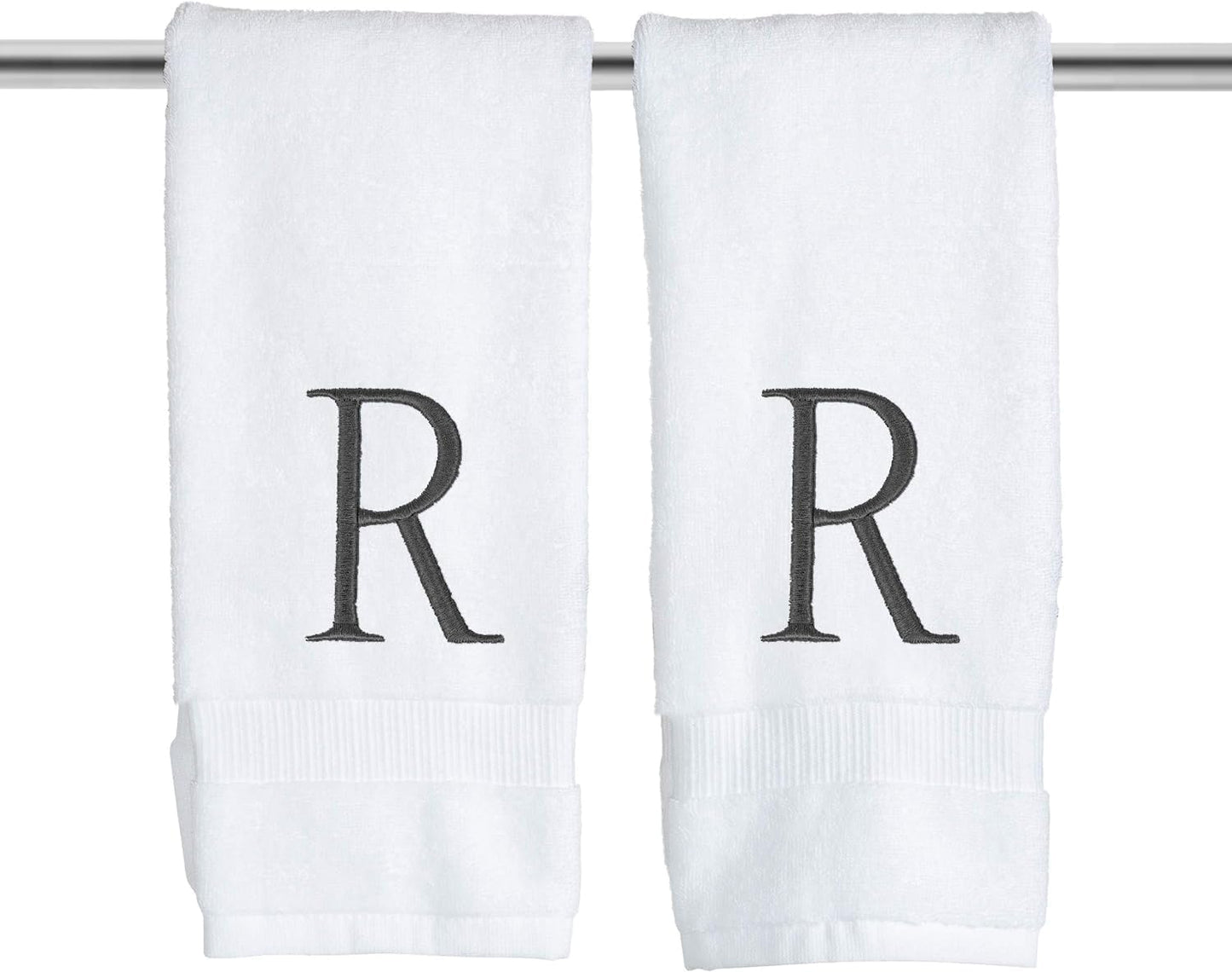 White Monogrammed Hand Towel - Monogram Initial Hotel Quality Decorative Embroidered Luxury Towel for Powder Room, Spa - GOTS Organic Certified - Set of 2 Dark Gray Letter R