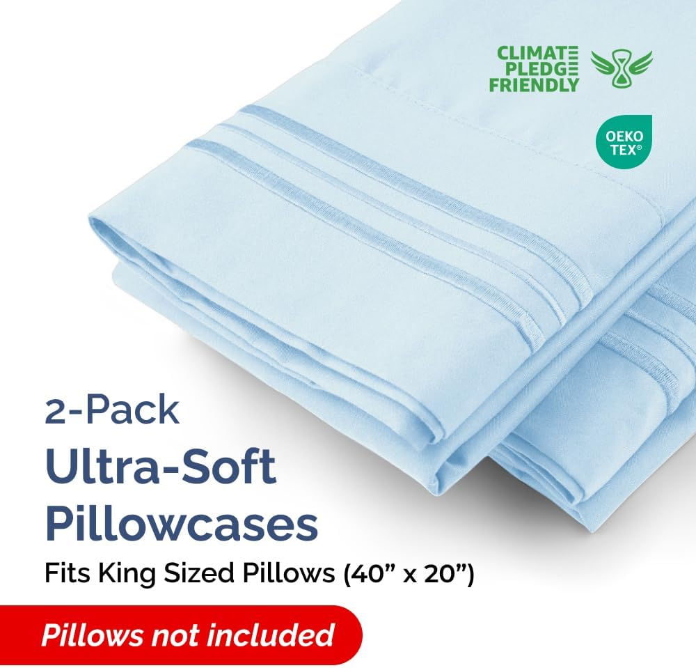 King Pillow Cases Set of 2 - Ultra Soft Hotel Quality Pillowcase Covers - Comfy, Cozy & Wrinkle Free - Shrinkage, Stain and Fade Resistant - Machine Washable Pillow Protectors - 2 Piece Set - Sky Blue
