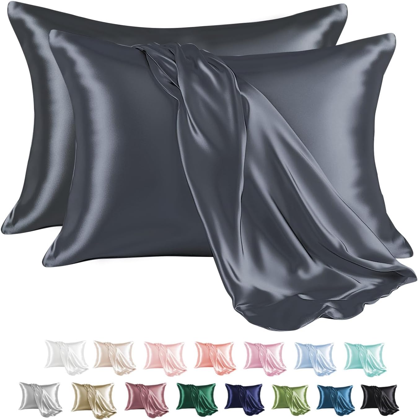 MR&HM Satin Pillowcase for Hair and Skin, Silk Satin Pillowcase 2 Pack, King Size Pillow Cases Set of 2, Silky Pillow Cover with Envelope Closure (20x36, Space Grey)