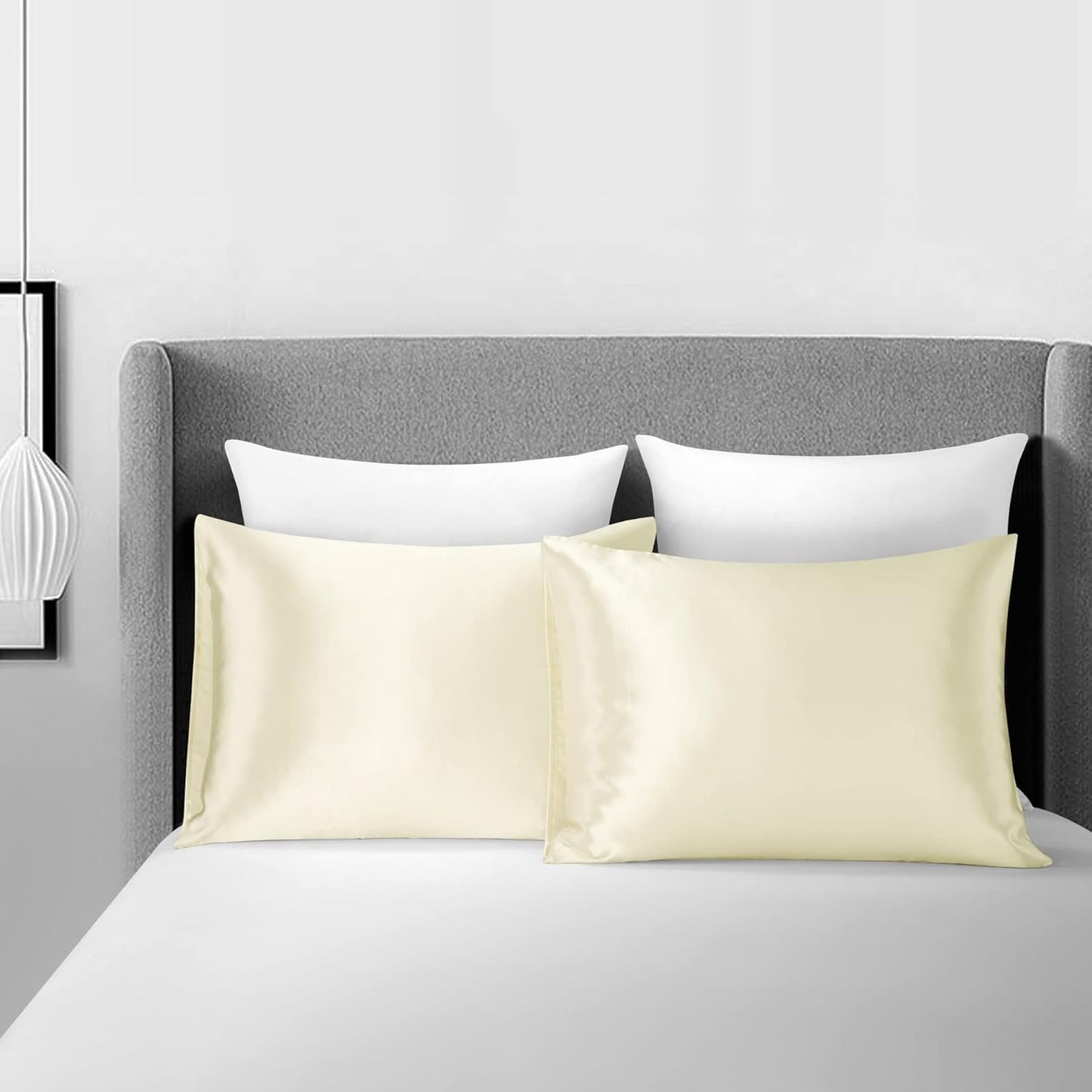 JUWENIN,Luxury Satin Pillowcase with Zipper (Silky Satin Pillow Case for Hair) Set of 2 (Queen, Beige)