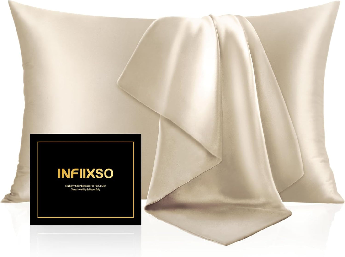 INFIIXSO Mulberry Silk Pillowcase for Hair and Skin, Silk Pillow Cases Queen Size Set of 2 with Hidden Zipper 20x30 Inches, Ultra Smooth and Soft Cooling Pillow Cases for Hot Sleepers(Beige, 2 Pack)