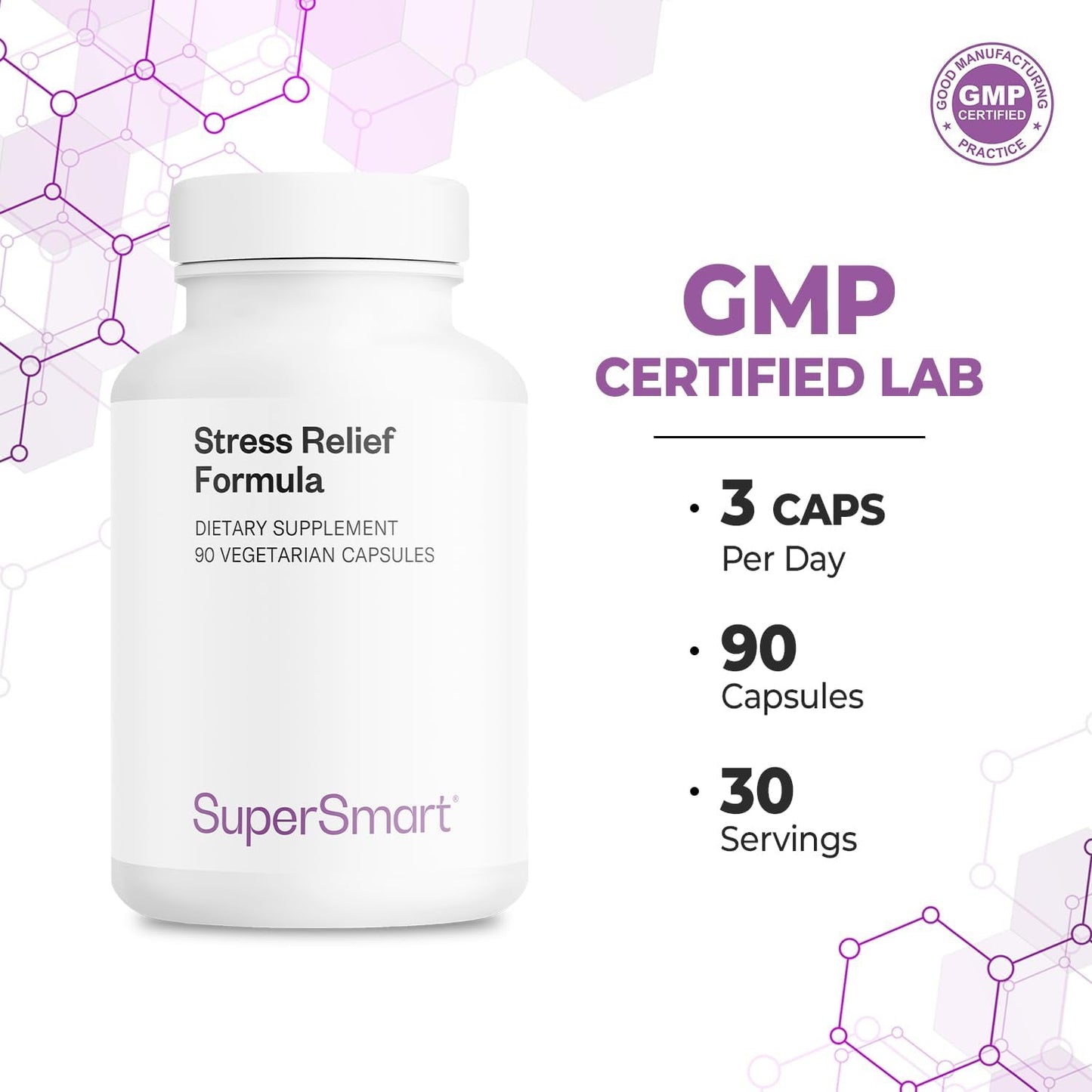 Supersmart - Stress Relief Formula (All-in-1) - 100% Natural Supplement - with Passion Flower, Polygala Tenuifolia | Non-GMO & Gluten Free - 90 Vegetarian Capsules