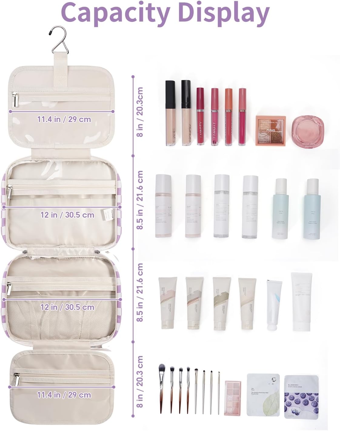 Narwey Travel Toiletry Bag for Women Large Hanging Makeup Bag Organizer Toiletries Bag for Full Size Essentials Accessories Cosmetics (Purple Checkerboard (Large))