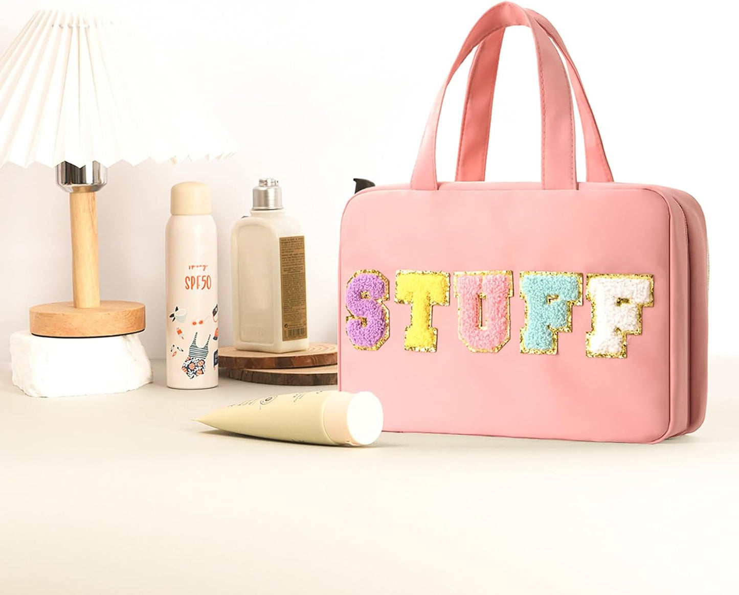 Toiletry Bag for Women Chenille Letter Makeup Bag Water-resistant Cosmetic Bag Travel Bag with Hanging Hook Preppy for Store Toiletries Cosmetic Accessories Large Capacity Light Pink