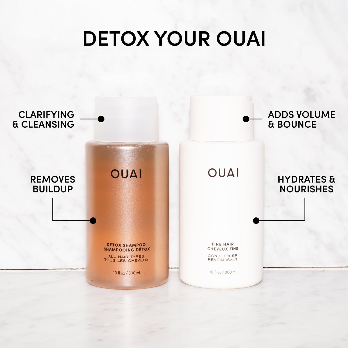 OUAI Detox Shampoo & Fine Hair Conditioner Bundle - Clarifying Shampoo for Build Up, Dirt, Oil, Product and Hard Water & Volumizing Conditioner for Fine Hair (2 Count)