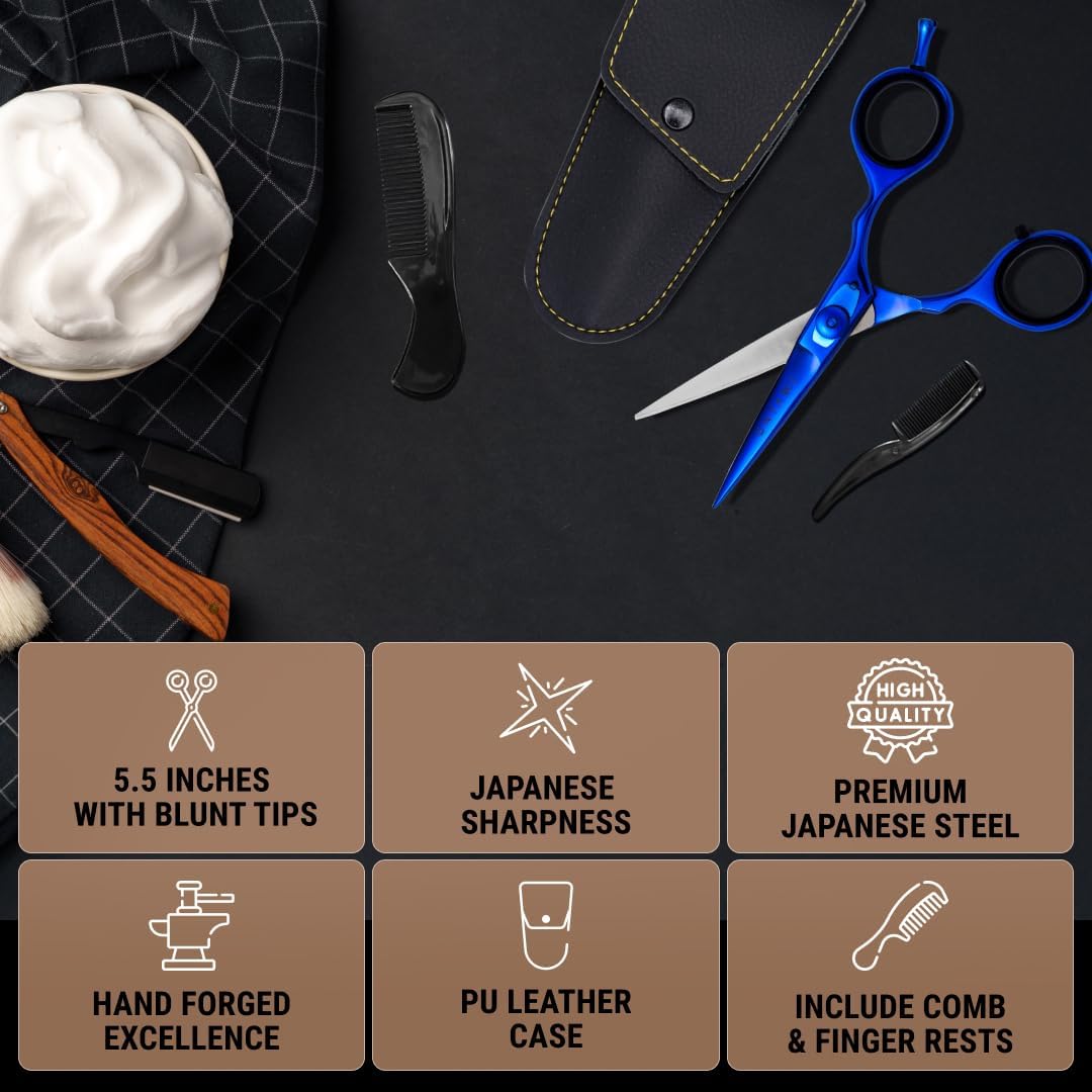 Ontaki Japanese Steel Beard & Hair Scissors - Safe Rounded Tips & Mustache Comb - Ergonomic Grip Beard Scissors for Men - Professional Craftsmanship Barber Shears - Midnight Blue, 5.5"