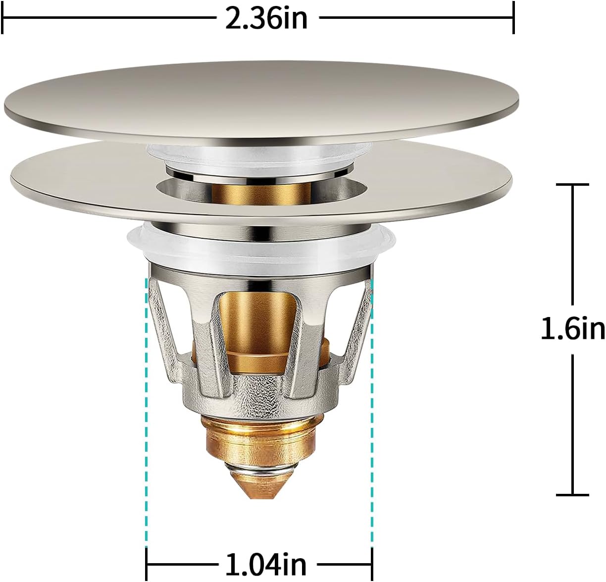 Universal Bathroom Sink Stopper with Hair Catcher, for 1.04-1.97 Inch Drain Hole, Spring Core Bathtub Drain Cover, Pop Up Sink Plug Basin Drain Strainer, Large Lid Brushed Nickel
