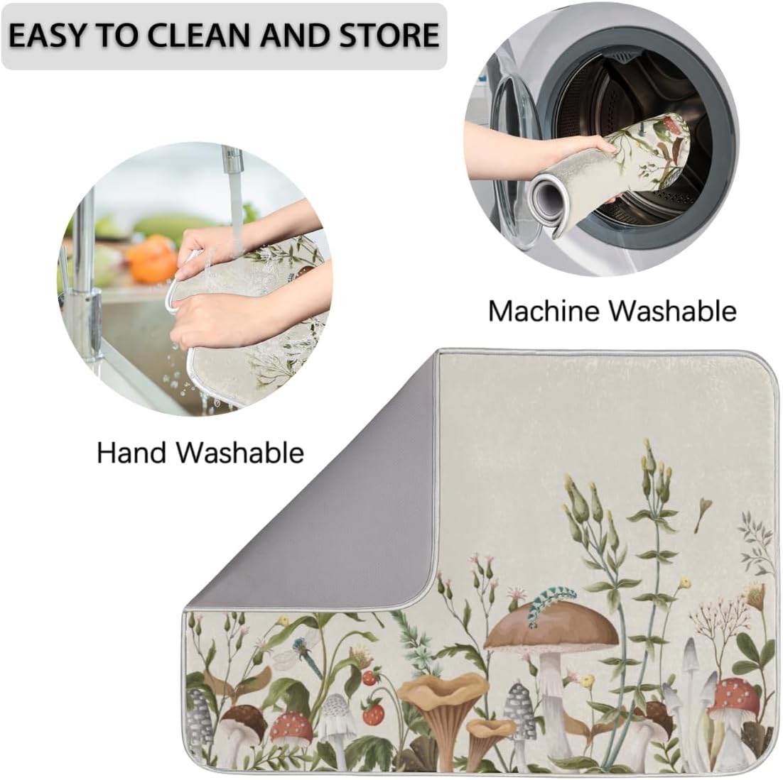 Hexteria Dish Drying Mat for Kitchen Counter Kitchen Drying Mat Dish Rack Mat Dish Drainer Pad Microfiber Absorbent Washable Drying Pad for Countertop, Mushroom