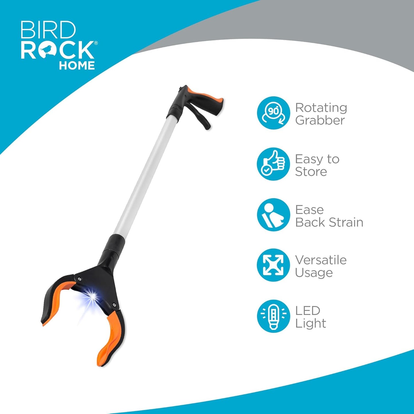 BirdRock Home Grabber Pick Up Tool with LED Light | 32 inch | Light Weight Aluminum Design | Reaching Aid | Articulating Rubber Head | Rubber Grip