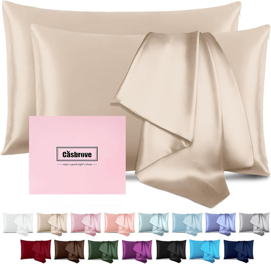 Silk Pillow Cases 2 Pack Mulberry Silk Pillow Cases Soft Breathable Both Sided Natural Silk Pillowcase with Zipper Beauty Sleep Silk Pillow Cases for Gift(Standard,Champagne)