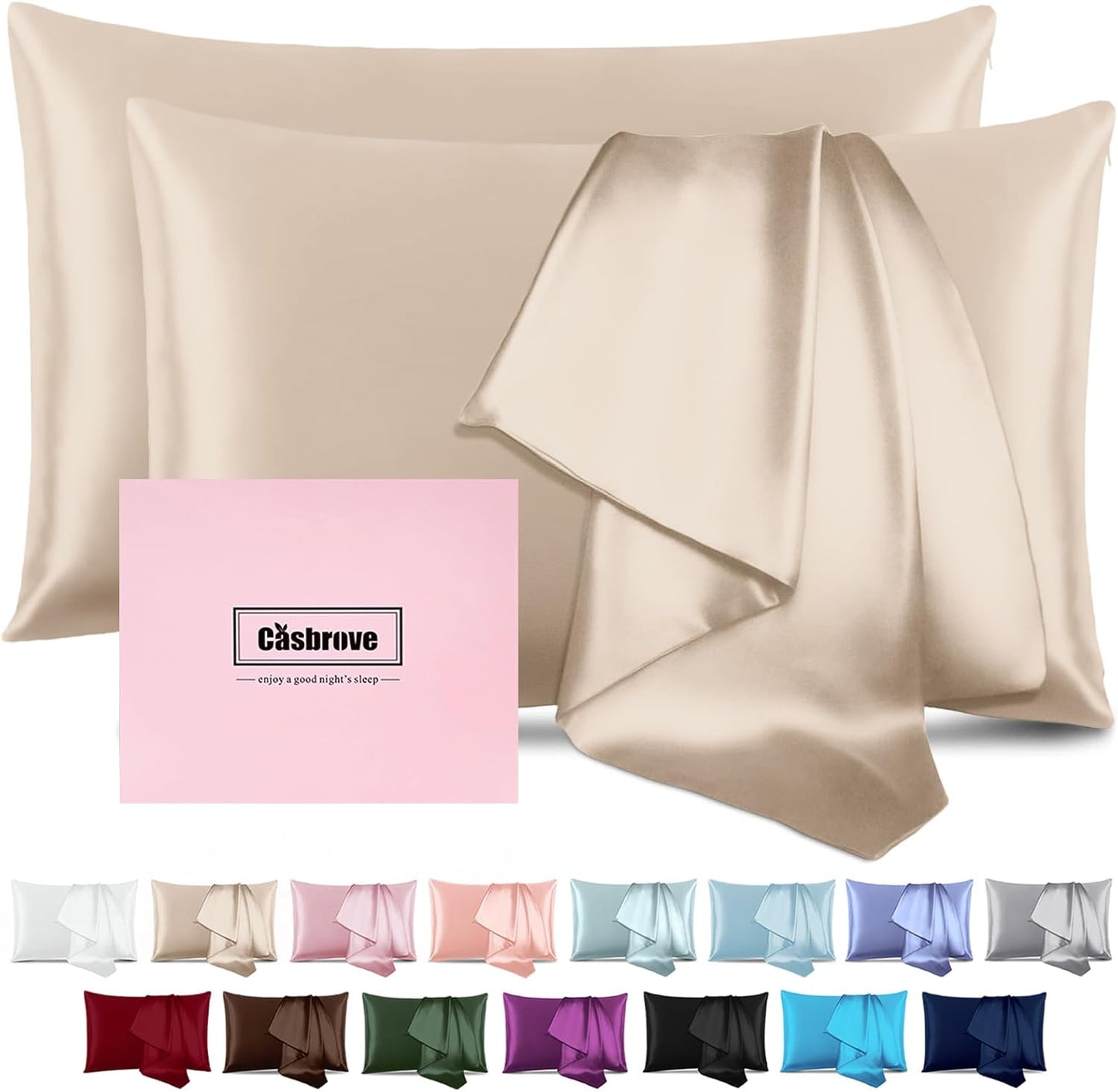 Silk Pillow Cases 2 Pack Mulberry Silk Pillow Cases Soft Breathable Both Sided Natural Silk Pillowcase with Zipper Beauty Sleep Silk Pillow Cases for Gift(Queen,Champagne)