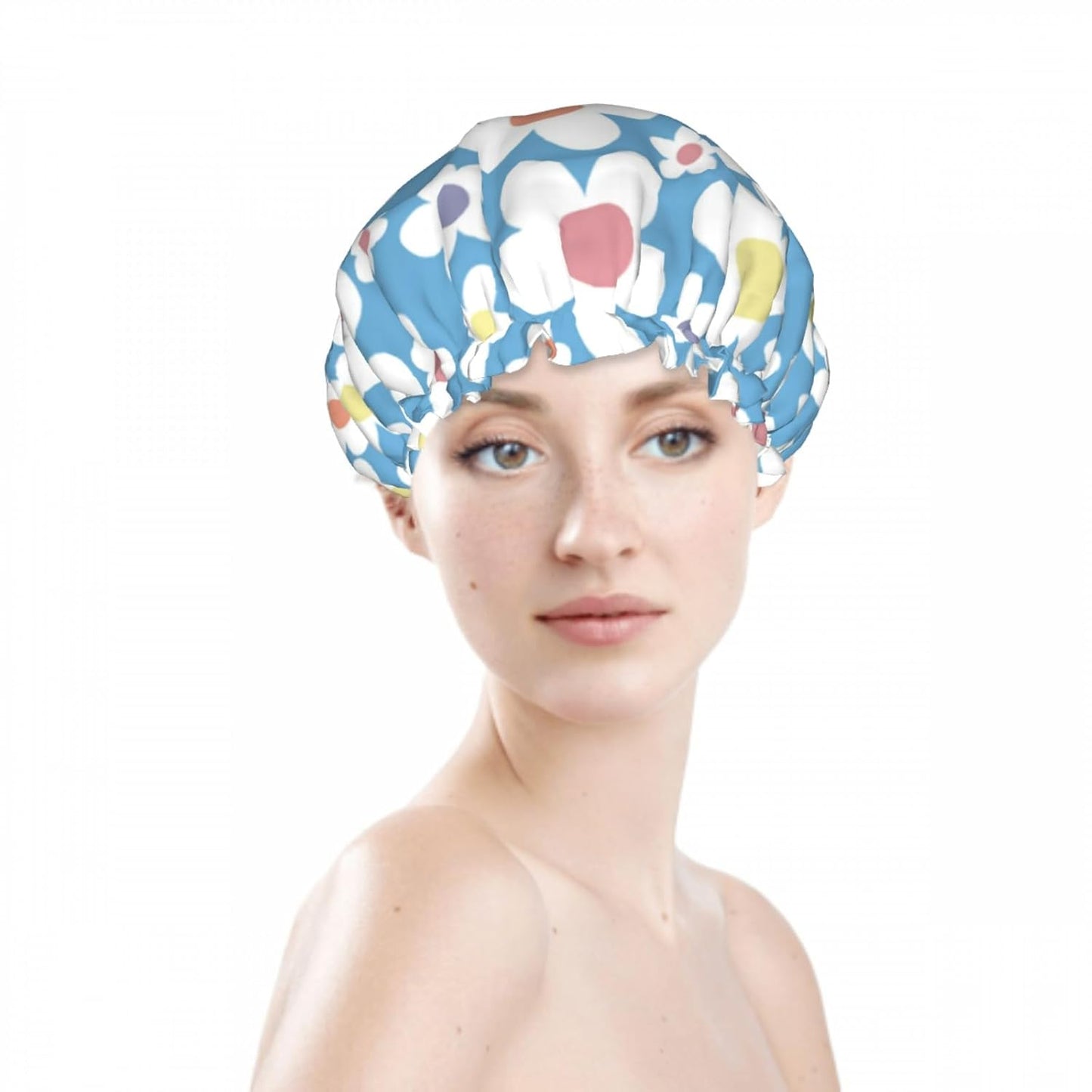 Blue Floral Nature Double Layer Waterproof Shower Cap for Women Reusable Bath Cap for All Long Hair Lengths Soft Bath Shower Hat