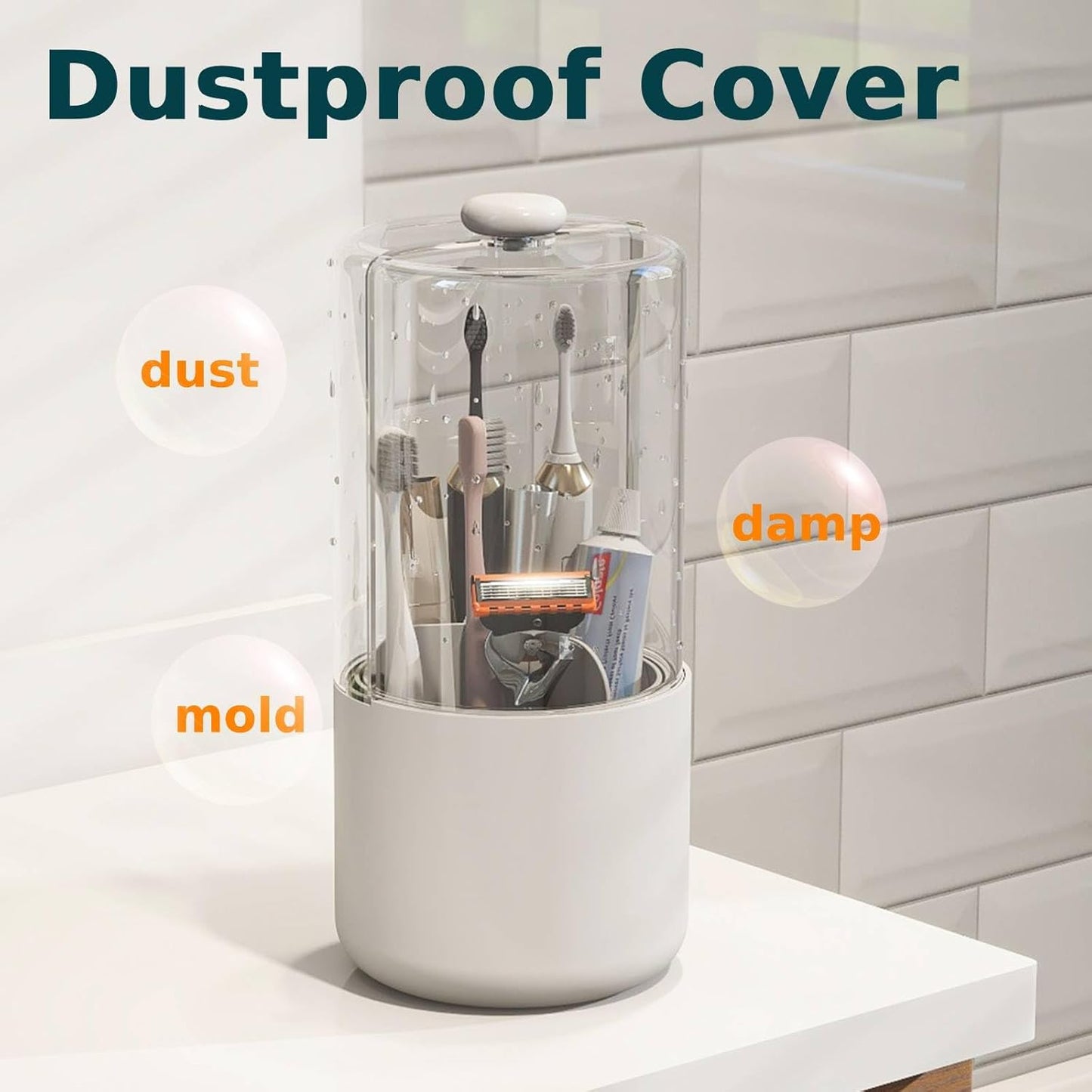 Toothbrush Holder with Cover 360 Rotating 4 Compartments Bathroom Toothpaste Electric Toothbrush Organizer, White