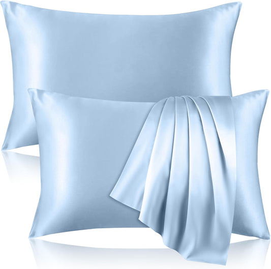 2 Pack 100% Pure Silk Pillowcase for Hair and Skin, Both Sides Mulberry Silk Pillowcases with Hidden Zipper, Cooling Pillowcase 19 Momme, 600 Thread Silk Pillow Cases King Size, Light Blue