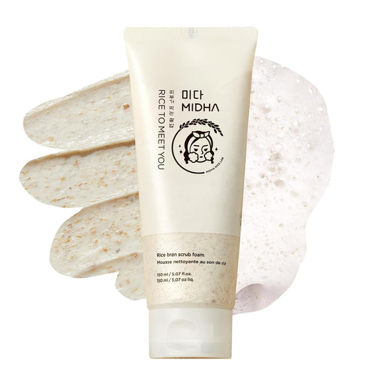 MIDHA RICE BRAN SCRUB FOAM 5.07fl.oz/150ml, Deep Cleansing, Pore-Purifying, Gentle Exfoliating – Soft Micro-Foam Face Wash with Balanced pH & Hydrating, Nourishing Care