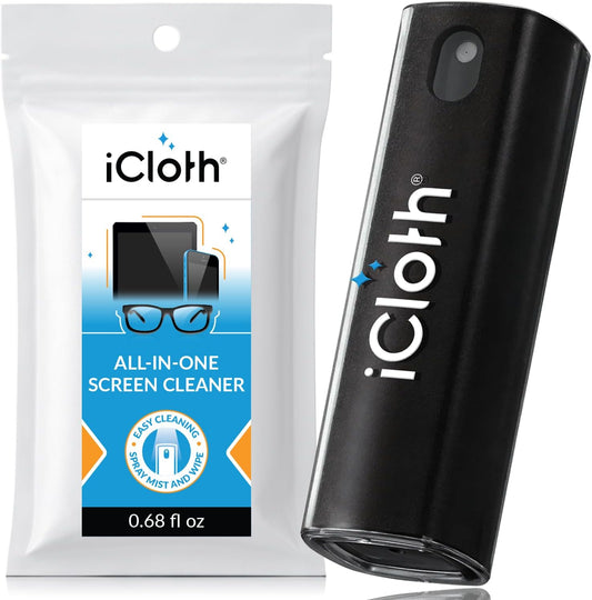 iCloth 2-in-1 Screen Cleaner Spray & Microfiber Cloth for Laptops, Tablets, Phones, Car Screens & Touchscreens, Streak-Free & Anti-Smudge, Large 0.68 fl oz (20ml) Bottle for Extended Use