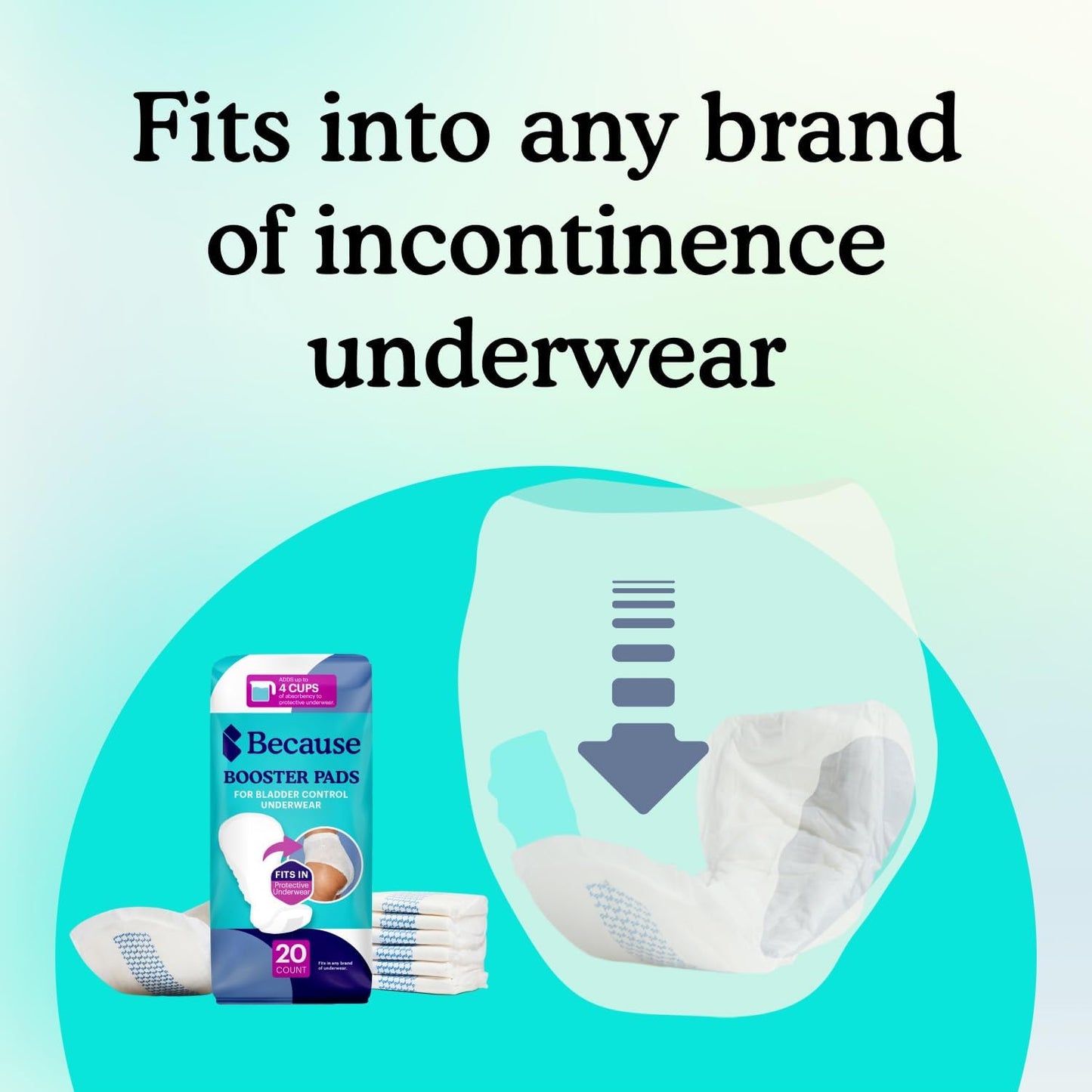 Because Overnight Incontinence Booster Pads for Men and Women, Adds 4 Cups Extra Absorbency to Adult Diapers, Super Soft, Adhesive Strip Backing, Unisex, 180 Count (9 Packs of 20) (Packaging May Vary)