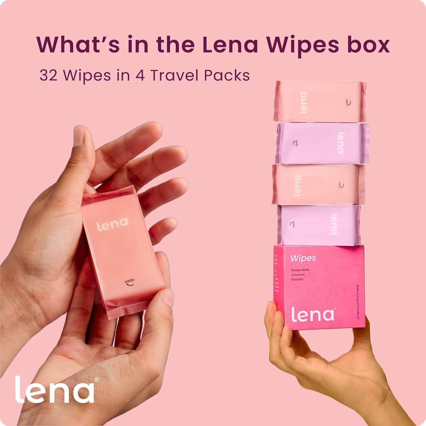 Lena Feminine Wipes Mini - Flushable, Unscented & Ph Balanced - Period Travel Kit - Menstrual Cup Wipes & Menstrual Disc Cleaner - 32 Count