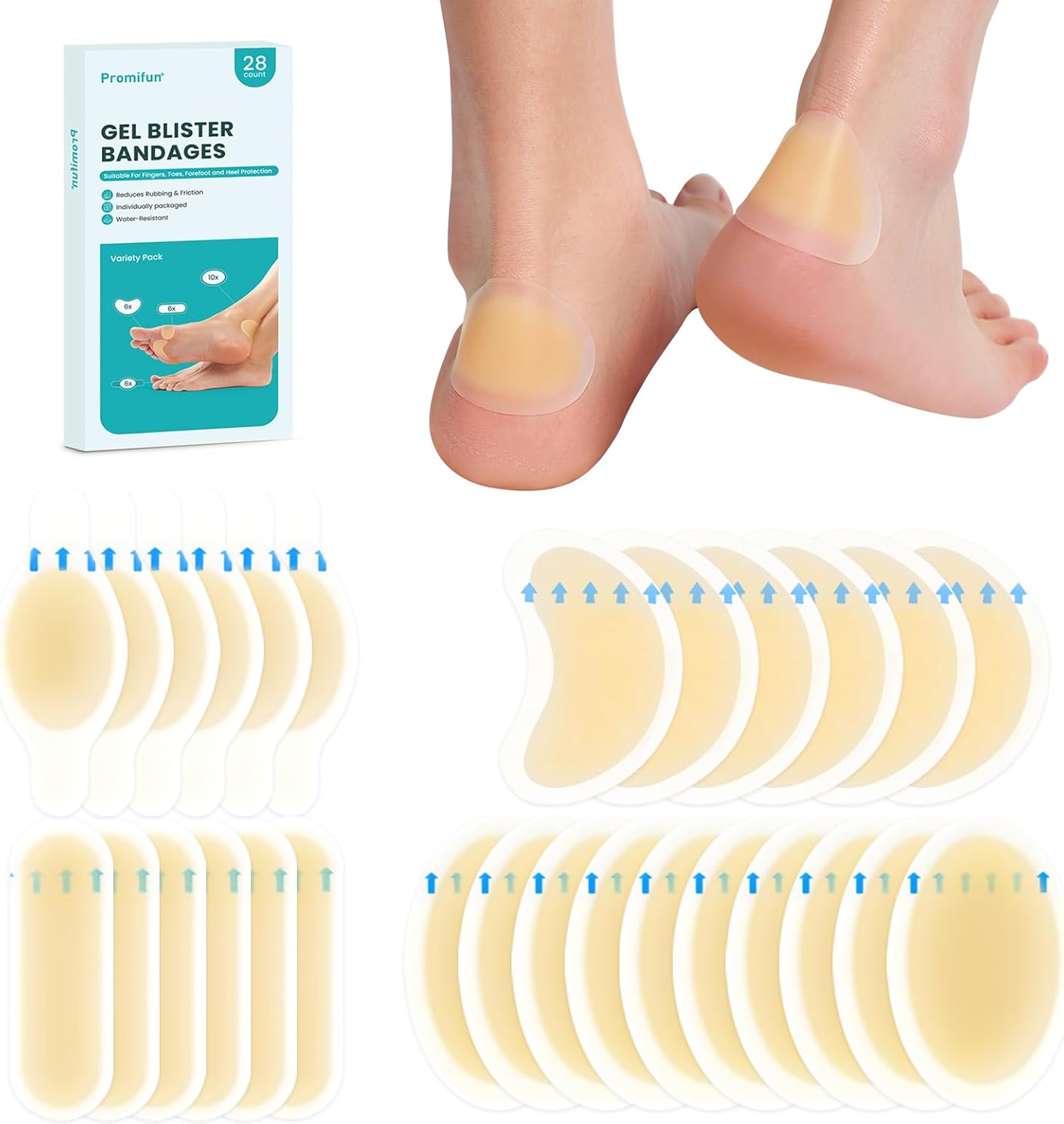 Blister Pads - 28 ct Water Resistant Hydrocolloid Bandages for Foot, Toe, Heel - Gel Blister Cushions for Prevention & Recovery, Variety Pack