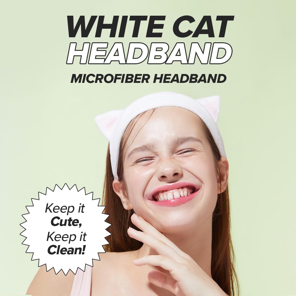 I DEW CARE Face Wash Headband - White Cat | Adorable Design, Perfect for Washing & Cleansing, Makeup and Spa, Bath, Skincare, Quick Dry, Soft & Fuzzy, Non Slip, Reusable, Teen Girls Stuff